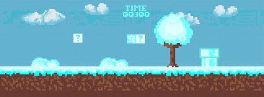   Bilgisayar pikseli oyun arayüzü, Noel Baba karakteri, 8-bit görünümü, video oyununda kahraman savaşı. Karlı pikselli kış. 