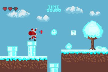   Bilgisayar pikseli oyun arayüzü, Noel Baba karakteri, 8-bit görünümü, video oyununda kahraman savaşı. Karlı pikselli kış. 