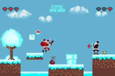   Bilgisayar pikseli oyun arayüzü, Noel Baba karakteri, 8-bit görünümü, video oyununda kahraman savaşı. Karlı pikselli kış. 