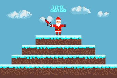   Bilgisayar pikseli oyun arayüzü, Noel Baba karakteri, 8-bit görünümü, video oyununda kahraman savaşı. Karlı pikselli kış. 