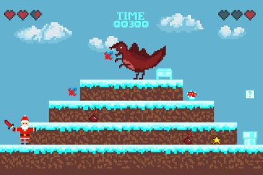   Bilgisayar pikseli oyun arayüzü, Noel Baba karakteri, 8-bit görünümü, video oyununda kahraman savaşı. Karlı pikselli kış. 