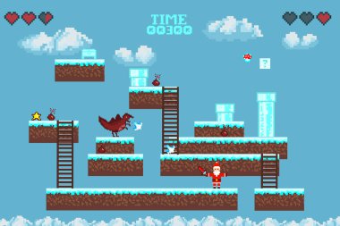   Bilgisayar pikseli oyun arayüzü, Noel Baba karakteri, 8-bit görünümü, video oyununda kahraman savaşı. Karlı pikselli kış. 