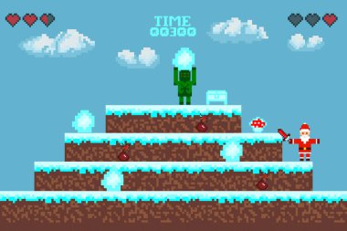   Bilgisayar pikseli oyun arayüzü, Noel Baba karakteri, 8-bit görünümü, video oyununda kahraman savaşı. Karlı pikselli kış. 