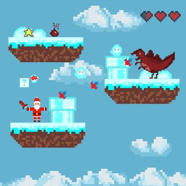   Bilgisayar pikseli oyun arayüzü, Noel Baba karakteri, 8-bit görünümü, video oyununda kahraman savaşı. Karlı pikselli kış. 