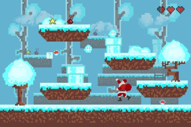   Bilgisayar pikseli oyun arayüzü, Noel Baba karakteri, 8-bit görünümü, video oyununda kahraman savaşı. Karlı pikselli kış. 