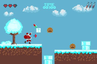   Bilgisayar pikseli oyun arayüzü, Noel Baba karakteri, 8-bit görünümü, video oyununda kahraman savaşı. Karlı pikselli kış. 