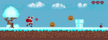   Bilgisayar pikseli oyun arayüzü, Noel Baba karakteri, 8-bit görünümü, video oyununda kahraman savaşı. Karlı pikselli kış. 