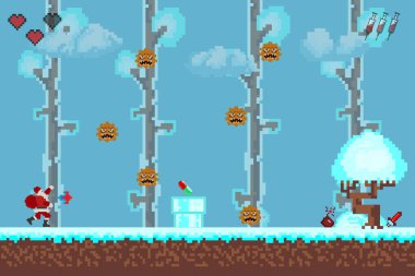   Bilgisayar pikseli oyun arayüzü, Noel Baba karakteri, 8-bit görünümü, video oyununda kahraman savaşı. Karlı pikselli kış. 