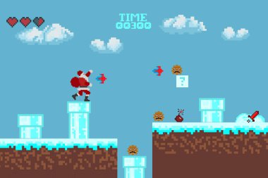   Bilgisayar pikseli oyun arayüzü, Noel Baba karakteri, 8-bit görünümü, video oyununda kahraman savaşı. Karlı pikselli kış. 