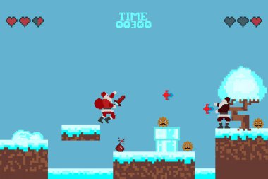   Bilgisayar pikseli oyun arayüzü, Noel Baba karakteri, 8-bit görünümü, video oyununda kahraman savaşı. Karlı pikselli kış. 