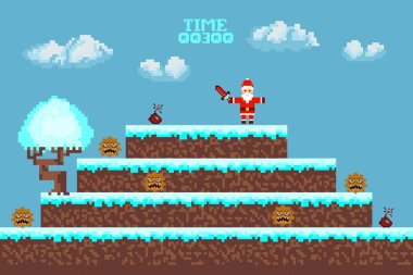  Bilgisayar pikseli oyun arayüzü, Noel Baba karakteri, 8-bit görünümü, video oyununda kahraman savaşı. Karlı pikselli kış.