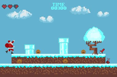   Bilgisayar pikseli oyun arayüzü, Noel Baba karakteri, 8-bit görünümü, video oyununda kahraman savaşı. Karlı pikselli kış.