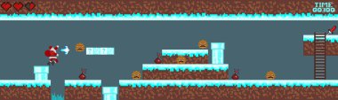   Bilgisayar pikseli oyun arayüzü, Noel Baba karakteri, 8-bit görünümü, video oyununda kahraman savaşı. Karlı pikselli kış.