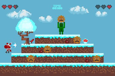   Bilgisayar pikseli oyun arayüzü, Noel Baba karakteri, 8-bit görünümü, video oyununda kahraman savaşı. Karlı pikselli kış.