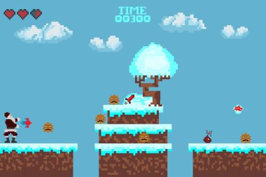   Bilgisayar pikseli oyun arayüzü, Noel Baba karakteri, 8-bit görünümü, video oyununda kahraman savaşı. Karlı pikselli kış.