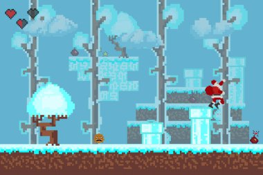   Bilgisayar pikseli oyun arayüzü, Noel Baba karakteri, 8-bit görünümü, video oyununda kahraman savaşı. Karlı pikselli kış.