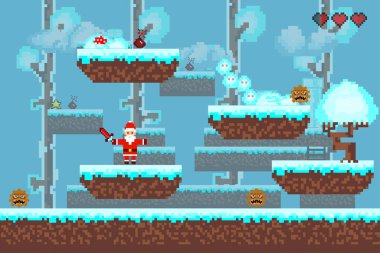   Bilgisayar pikseli oyun arayüzü, Noel Baba karakteri, 8-bit görünümü, video oyununda kahraman savaşı. Karlı pikselli kış.