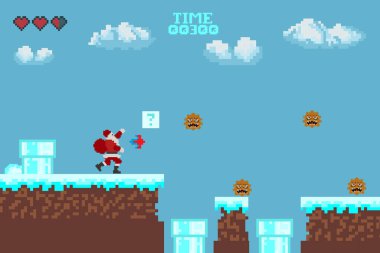   Bilgisayar pikseli oyun arayüzü, Noel Baba karakteri, 8-bit görünümü, video oyununda kahraman savaşı. Karlı pikselli kış.