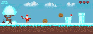   Bilgisayar pikseli oyun arayüzü, Noel Baba karakteri, 8-bit görünümü, video oyununda kahraman savaşı. Karlı pikselli kış.
