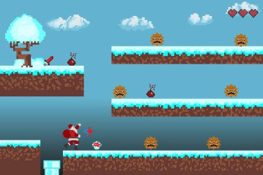   Bilgisayar pikseli oyun arayüzü, Noel Baba karakteri, 8-bit görünümü, video oyununda kahraman savaşı. Karlı pikselli kış.