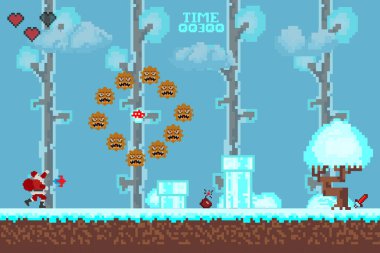  Bilgisayar pikseli oyun arayüzü, Noel Baba karakteri, 8-bit görünümü, video oyununda kahraman savaşı. Karlı pikselli kış.