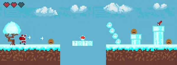 计算机像素游戏界面 圣塔爪字符 8位视图 视频游戏中的英雄战斗 Pixel Winter Snow — 图库照片