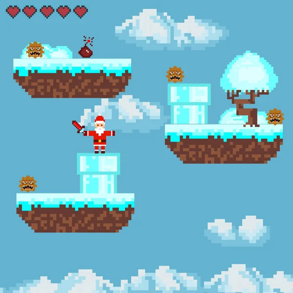 计算机像素游戏界面 圣塔爪字符 8位视图 视频游戏中的英雄战斗 Pixel Winter Snow — 图库照片