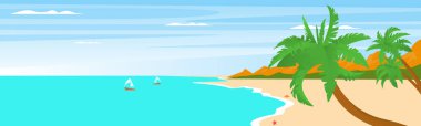 Plaj manzaralı deniz palmiyeleri. Vektör illüstrasyonu.