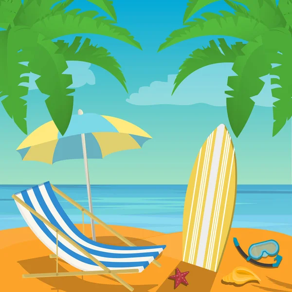 Krajobraz plaży z parasolem plażowym, leżakiem. Styl płaski. Wektor — Wektor stockowy
