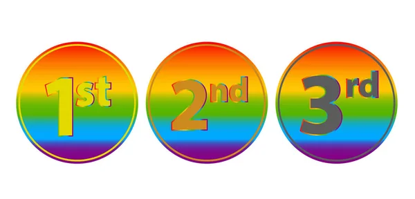 Medalhas para o primeiro, segundo, terceiro lugar no conceito de amor arco-íris. Bandeira LGBT. Direitos humanos e tolerância. Ilustração vetorial. — Vetor de Stock