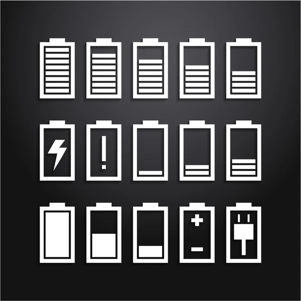 Baterii zestaw ikon, wskaźniki poziomu naładowania — Wektor stockowy