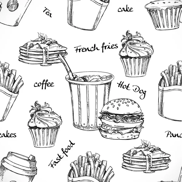 Fast food et boisson sans couture vecteur de doodle arrière-plan — Image vectorielle