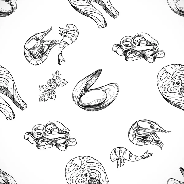 Seafood sem costura fundo doodle vector — Vetor de Stock