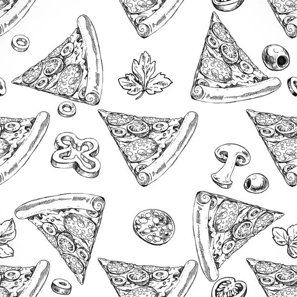 Padrão sem costura de fatias de pizza com doodle de salsicha. Italiano — Vetor de Stock