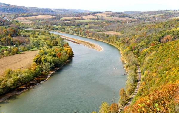 Aerial View Susquehanna River Surrounded Striking Color Fall Foliage Wyalusing — Stock Photo, Image