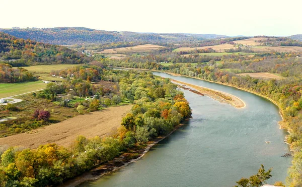 Aerial View Susquehanna River Surrounded Striking Color Fall Foliage Wyalusing — Stock Photo, Image