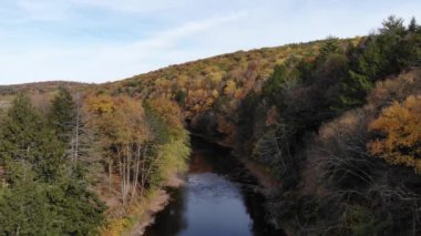 Tunkhannock, Pennsylvania, ABD yakınlarındaki nehir kenarındaki sonbahar yeşilliklerinin çarpıcı renklerinin hava görüntüsü.