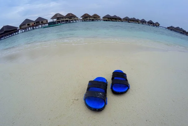 Голубые Сандалии Красивом Белом Пляже Спасение Мальдивов — стоковое фото