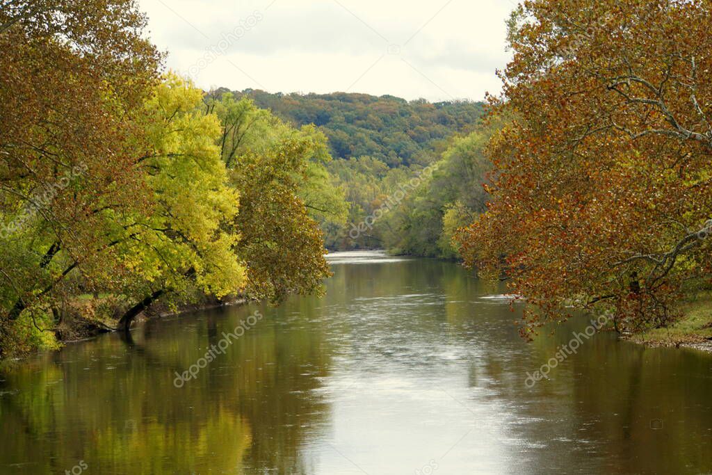 The view of beautiful fall foliage along Brandywine River near Wilmington, Delaware, U.S.A