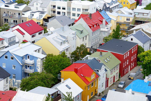 Reykjavik, Iceland - June 20, 2019 - The aerial view of colorful buildings and streets in the city during the summer