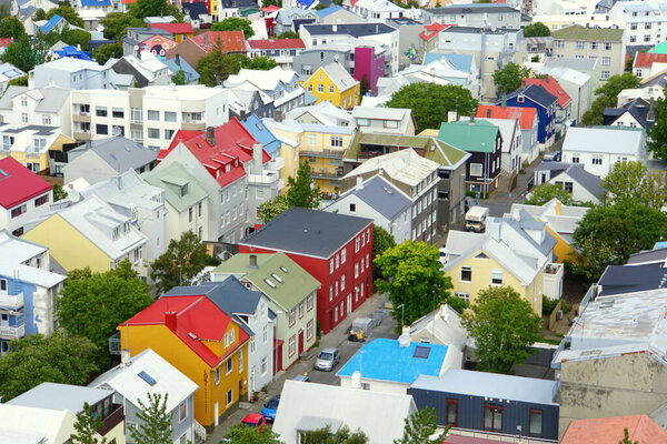 Reykjavik, Iceland - June 20, 2019 - The aerial view of colorful buildings and streets in the city