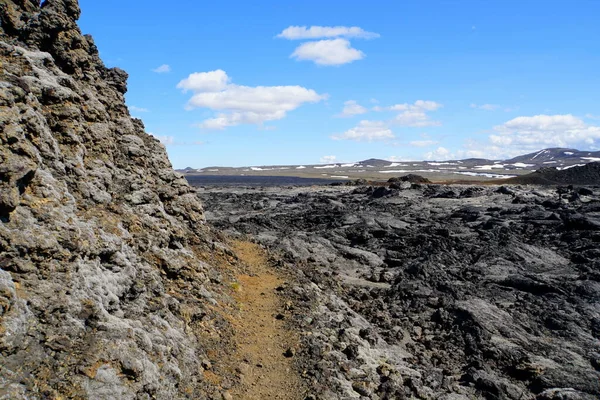 The path on the remnants of the last volcanic eruptions between the year of 1975 and 1984 at Krafla Lava Field near Myvatn, Iceland in the summer