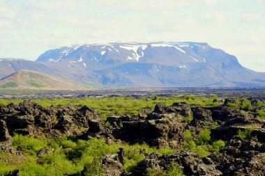 İzlanda, Myvatn Gölü yakınlarındaki Dimmuborgir Lav oluşumlarındaki eşsiz kaya yapısının görüntüsü
