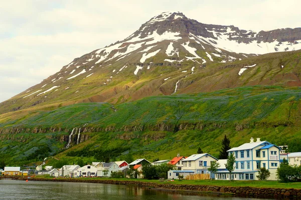 여름에 아이슬란드의 세이디 피오르 근처에서 피오르드와 산들이 내려다 보이는 건물들과 — 스톡 사진
