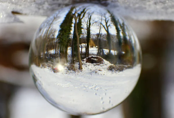 Hermoso Paisaje Con Nieve Capturada Través Una Bola Cristal —  Fotos de Stock