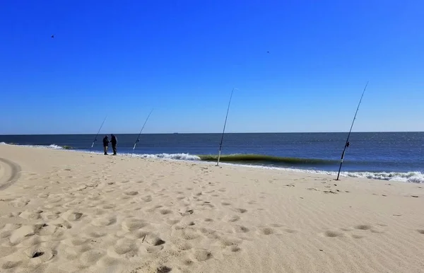 Sandy beach with surf fishing rods on a sunny day in Delaware Bay