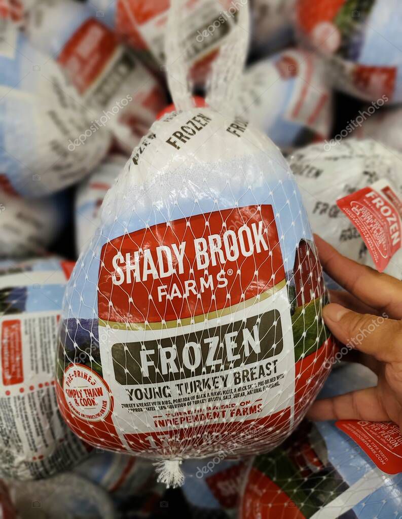 Delaware, U.S.A - Oct 29, 2025 - A Shady Brook Farms frozen young turkey breast, packaged in a white netting