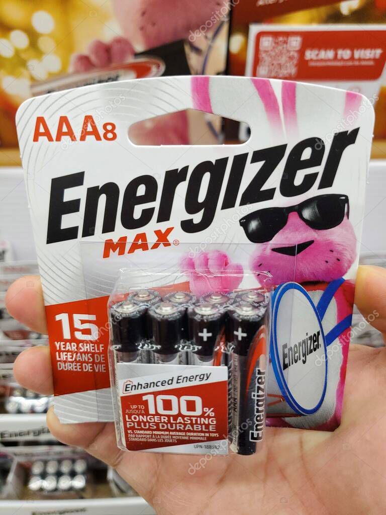 Delaware, U.S.A - Oct 29, 2025 - Close-up of an 8-pack of Energizer Max AAA batteries with 15 years shelf life