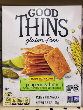 Wilmington, Delaware, ABD - 20 Ocak 2026 - Baharatlı jalapeno ve lezzetli limonlu Good Thins glütensiz mısır ve pirinç atıştırmalıkları