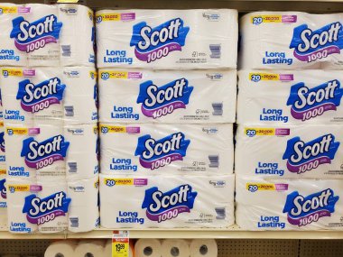 Delaware, ABD - 15 Şubat 2026 - Uzun ömürlü Scott 1000 tuvalet kağıdı paketleri.